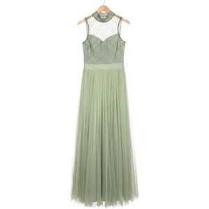 Amelia Rose Maxi Dress Womens 6 Sage Green NEW Beaded Tulle ARLW86 Gown